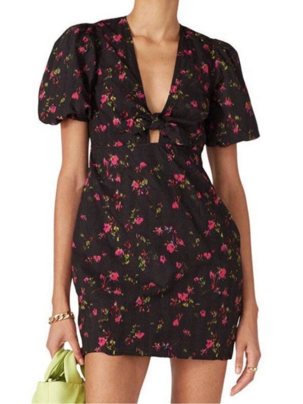 #454 PAM & GELA Black Mini Dress with Ditsy Floral Print M Super CUTE! 🥰